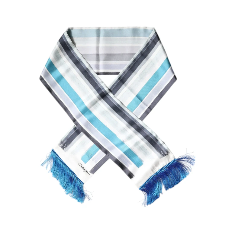 Dolce & Gabbana White Blue Stripes Silk Fringes Wrap Scarf And - Men