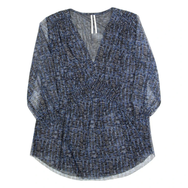 ANTHROPOLOGIE Womens Printed Top Blue V-Neck 3/4 Sleeve Crazy Pattern S