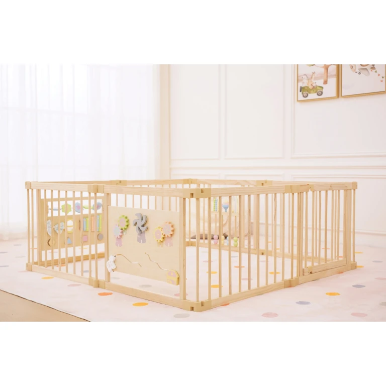 Wooden Baby Playpen with Sensory Activity Panels - 63" x 63" Square, Foldable Indoor Play Yard with Montessori Toys