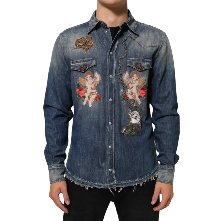 Dolce & Gabbana Blue Angel Patch Denim Buttoned Down Men Shirt - Men