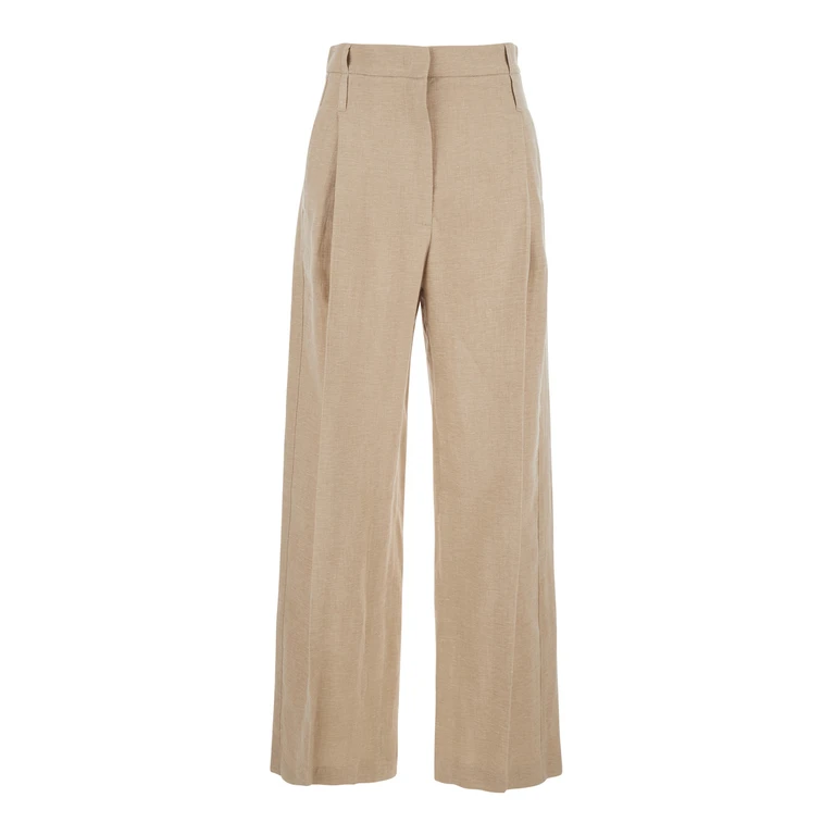 High-Waisted Linen and Cotton Wide-Leg Tailored Trousers (140327010547C001)