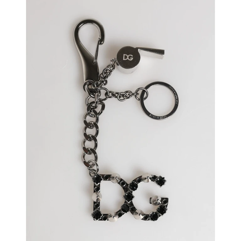 Dolce & Gabbana Silver Brass Metal Dg Logo Crystal Ring Keyring Keychain Black Zamak Steel Real - Women