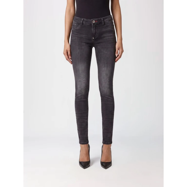 Cropped Skinny Stretch Denim Jeans with Hexagon Logo (AAACWDT1790PDE004N10TM)