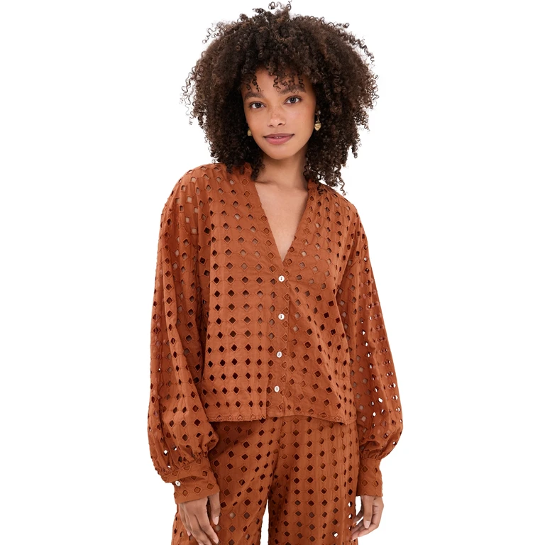 Brown Castanha Cuffed Eyelet Shirt Brown Castanha S