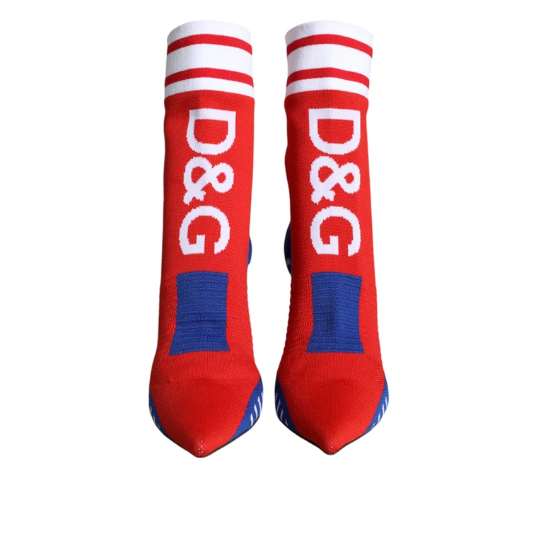 Dolce & Gabbana Red Blue Stretch Sock Style Ankle Boots Logo Shoes Polyester Leather - Women