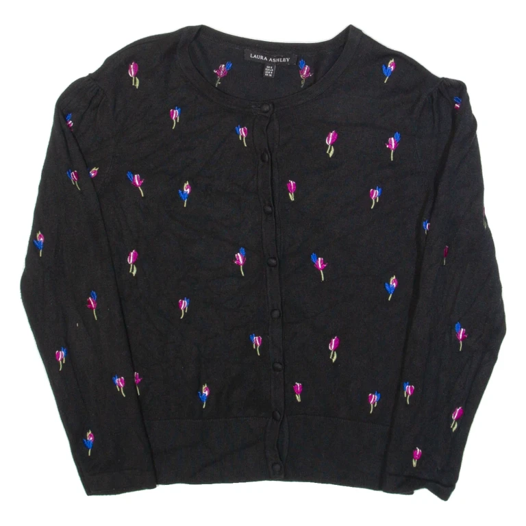 LAURA ASHLEY Womens Patterned Cardigan Black Floral Tight Knit UK 8