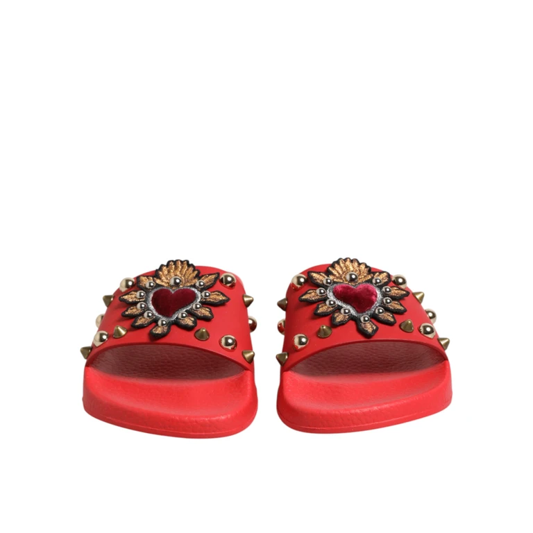 Dolce & Gabbana Red Sacred Heart Stud Slides Beachwear Shoes Se+vi+91lf - Women