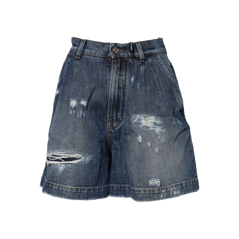 Dolce & Gabbana Blue Cotton Tattered Denim Bermuda Shorts - Women