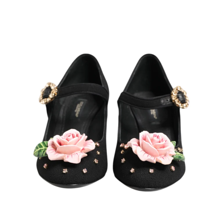 Dolce & Gabbana Black Flower Crystal Embellished Mary Jane Shoes Wool Rayon Goat Skin - Women