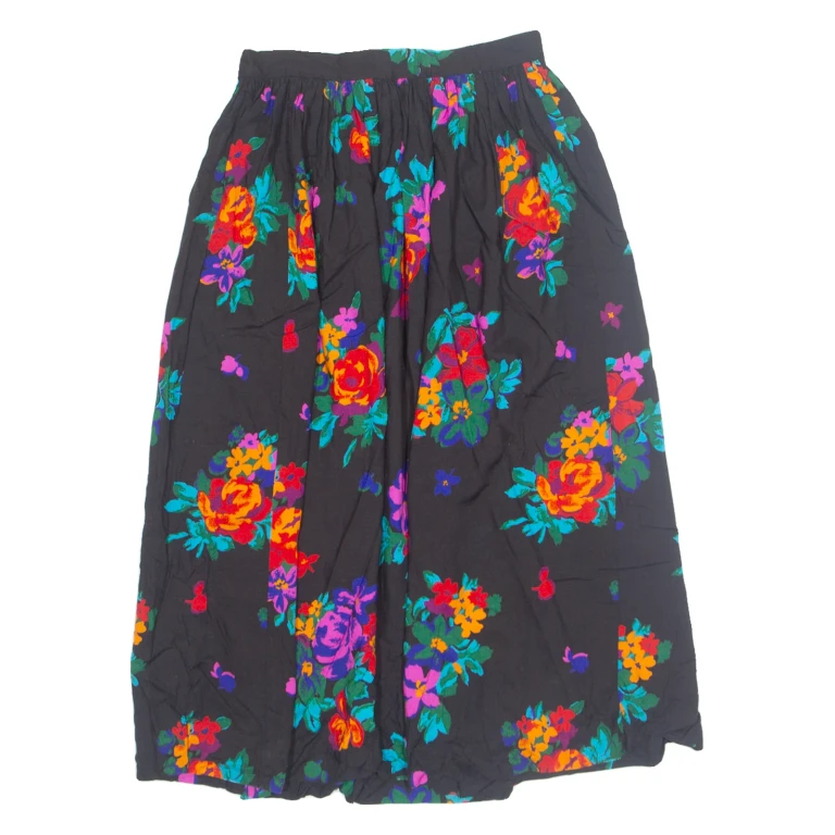 LESLIE LUCKS Womens A-Line Skirt Black Knee Length 90s Floral UK 8