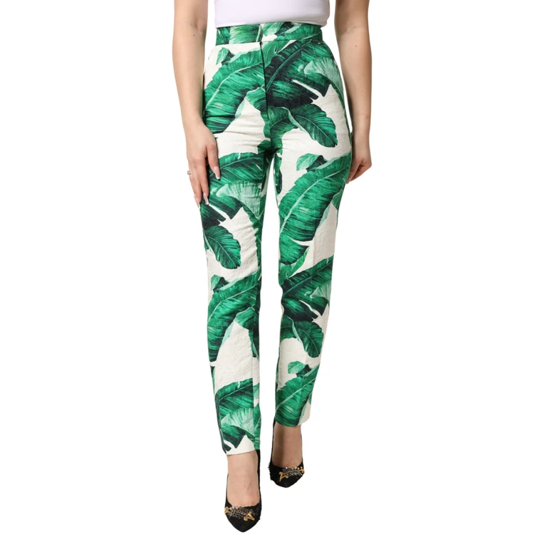 Dolce & Gabbana White Green Leaf High Waist Trousers Pants Co+se - Women