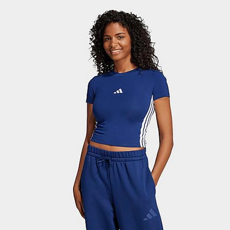 adidas Women's Essentials 3-Stripes Slim Baby T-Shirt in Dark Blue/White Size: XS