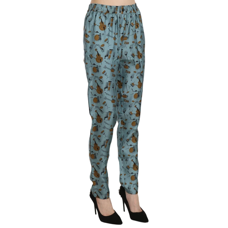 Blue Musical Instruments Print Tapered Pants Silk - Women