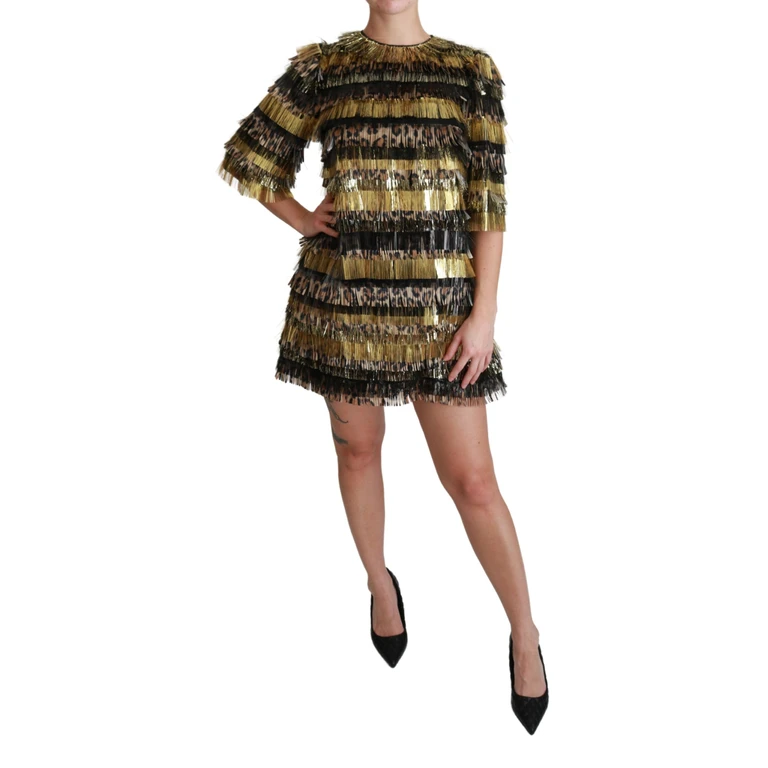 Dolce & Gabbana Polyester Black Gold Leopard Shift Mini Dress - Women