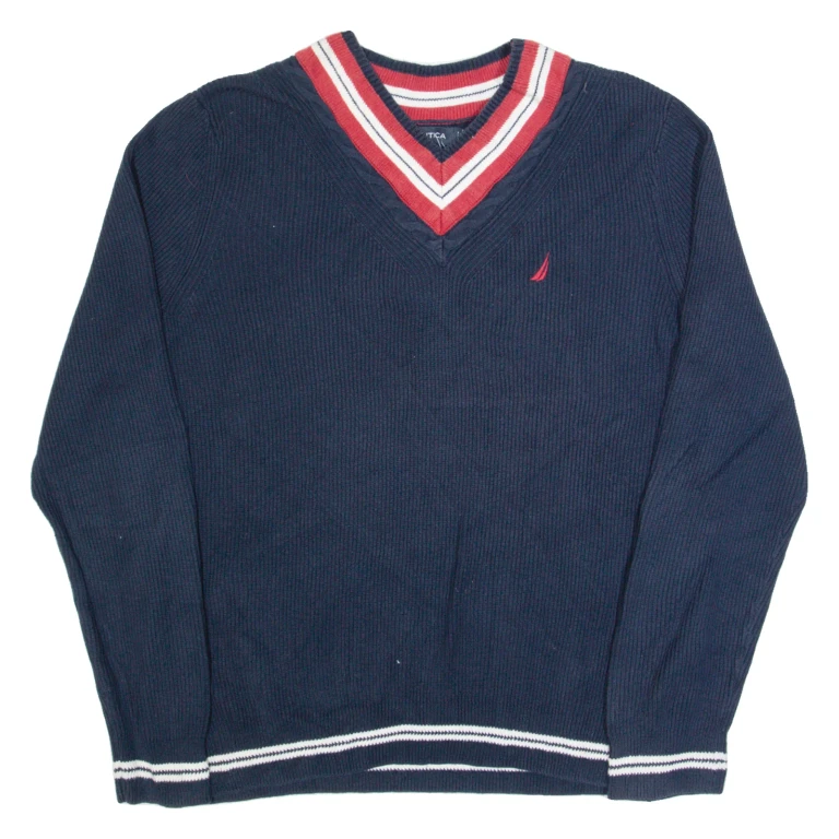 NAUTICA Mens Jumper Blue V-Neck Tight Knit L