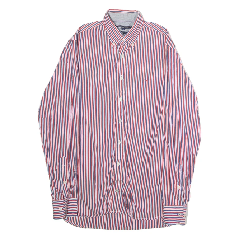 TOMMY HILFIGER New York Fit Mens Shirt Red Striped Long Sleeve S