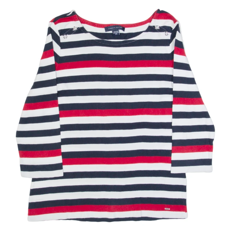 TOMMY HILFIGER Womens Patterned Jumper Blue Striped Tight Knit 3/4 Sleeve L