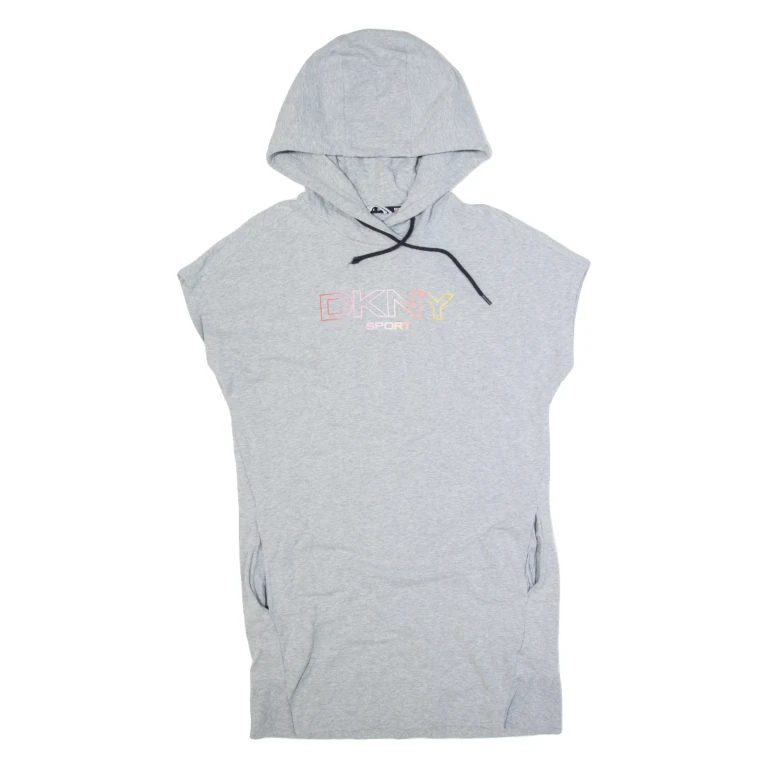 DKNY Hooded Oversized Womens Jumper Dress Grey Short Sleeve Knee Length S