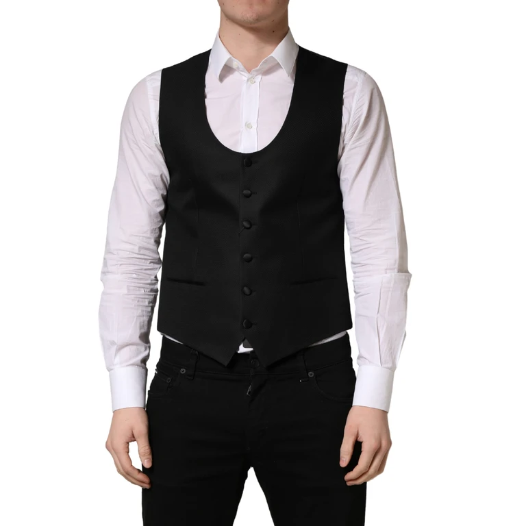 Dolce & Gabbana Black Wool Single Breasted Waistcoat Vest Virgin Silk Polyester Clothing - Men
