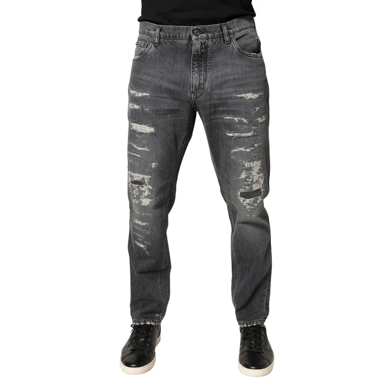 Dolce & Gabbana Dark Gray Tattered Cotton Loose Denim Jeans Clothing - Men