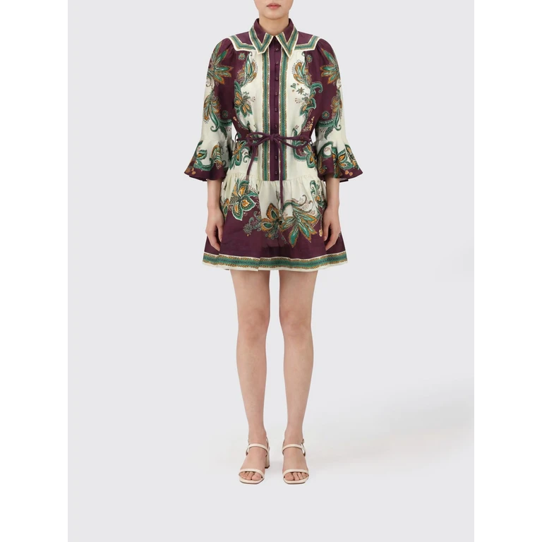 Linen Mini Shirt Dress with Ethnic Print and Balloon Sleeves (7653DMULTI)