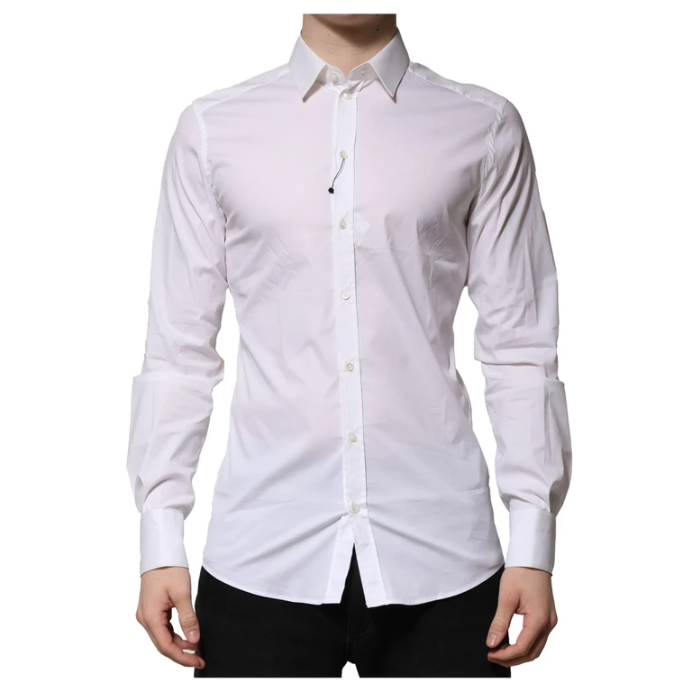 Dolce & Gabbana White Cotton Gold Long Sleeves Formal Shirt Nylon Elastane - Men