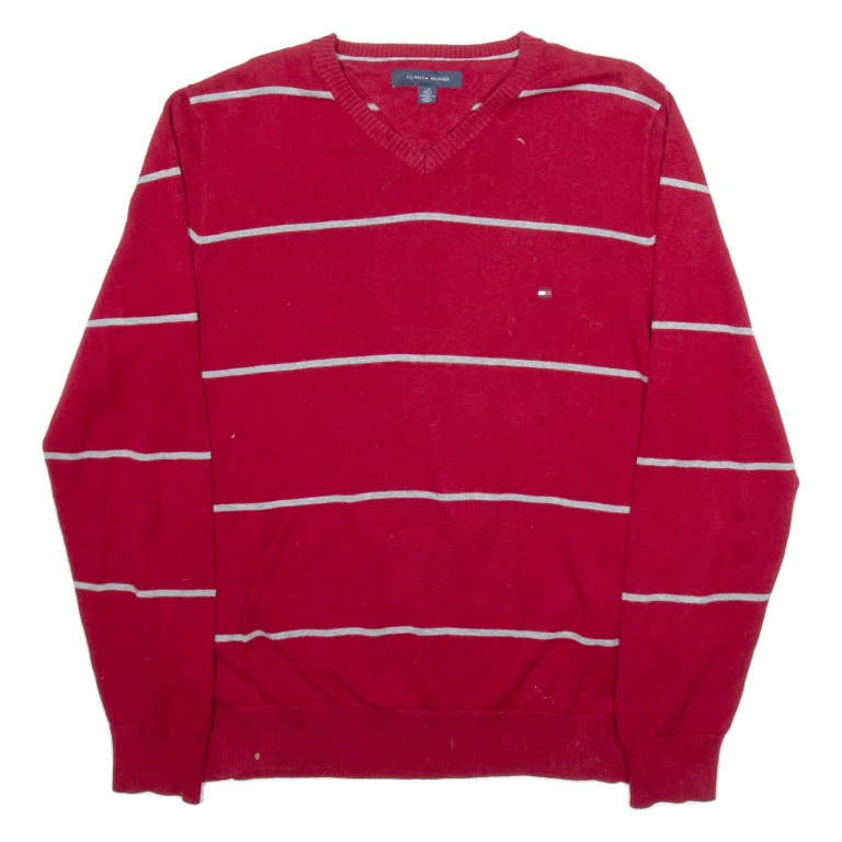 TOMMY HILFIGER Mens Patterned Jumper Red Striped V-Neck Tight Knit L