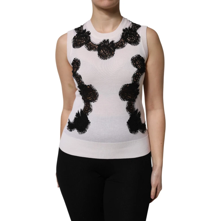 White Cashmere Floral Lace Detailing Tank Top Silk Cotton Nylon - Women