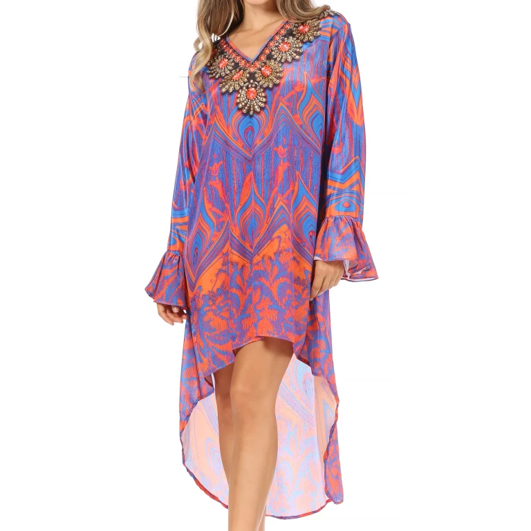 Sakkas Rema Women's Boho Shift Tunic High Low V-neck Long Sleeve Dress with Print
