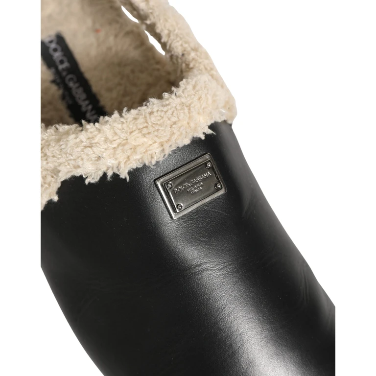 Dolce & Gabbana Beige Black Fur Shearling Slides Sandals Shoes Blue Cotton Elastane - Men