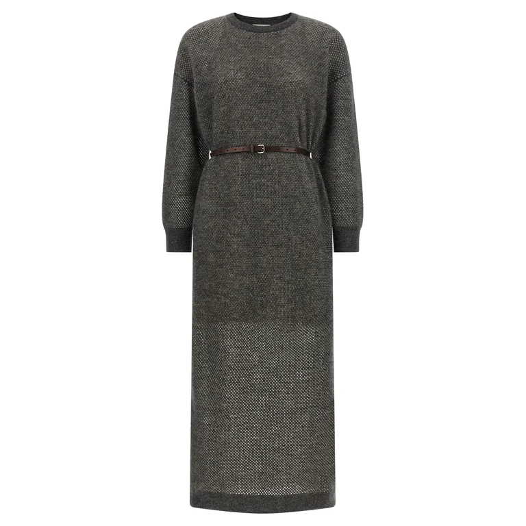 Brunello Cucinelli Gray Wool Midi Dress - Women