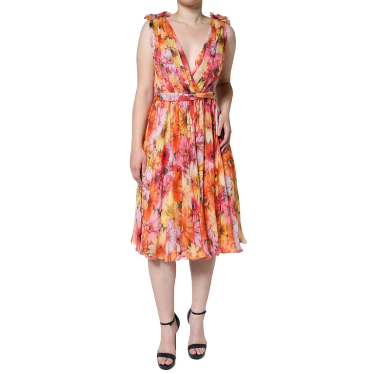 Dolce & Gabbana Multicolor Floral Sleeveless V-Neck Midi Dress Silk - Women