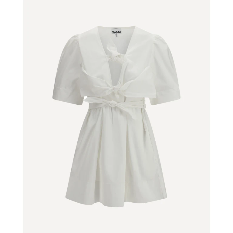 GANNI Cotton mini Dress with a deep V-neckline and three front tie bands Female 38