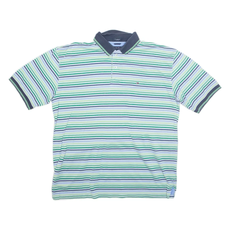TOMMY HILFIGER Mens Polo Shirt Green Striped L