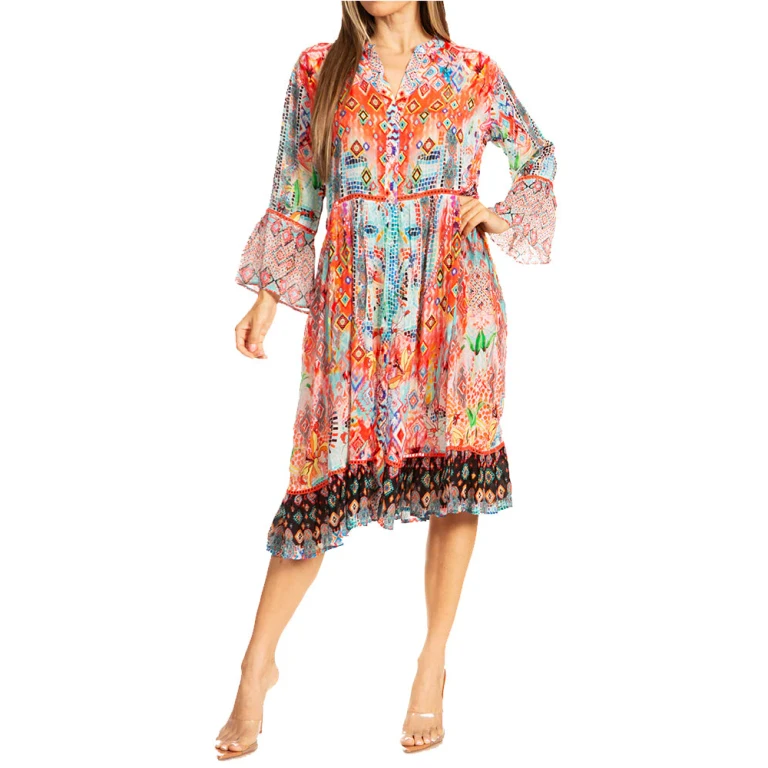 Sakkas Womens 3/4 Sleeves Button Down Spring/Summer Short Shirt Dress/Cover-up