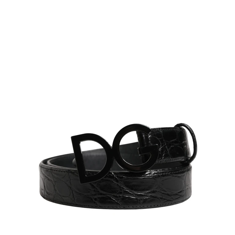 Dolce & Gabbana Men Black Exotic Leather Logo Buckle Belt Caiman - Men