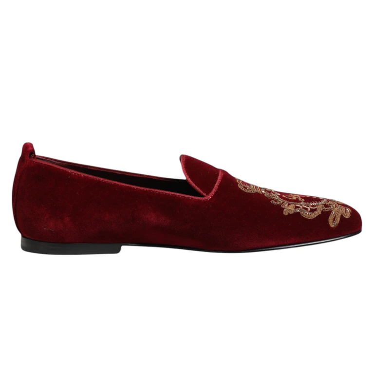 Dolce & Gabbana Red Velvet Gold Crown Mens Loafers Shoes - Men