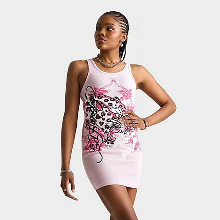 Women's Flame Skull Rib Tank Dress in Pink Ballerina Size: Small