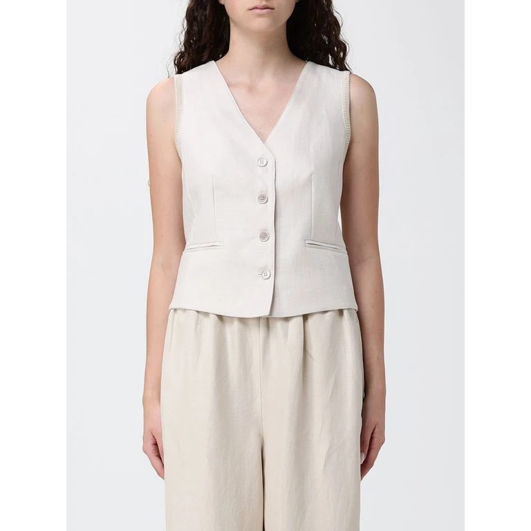 Tailored V-Neck Linen Waistcoat with Button Closure and Half-Belt (261351016206001)