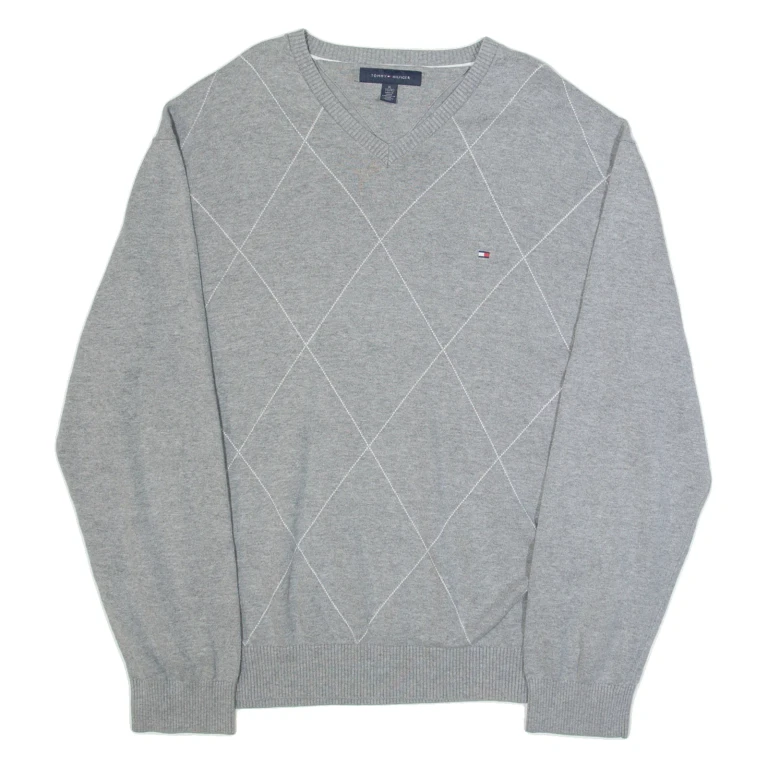TOMMY HILFIGER Mens Patterned Jumper Grey Diamond V-Neck Tight Knit XL