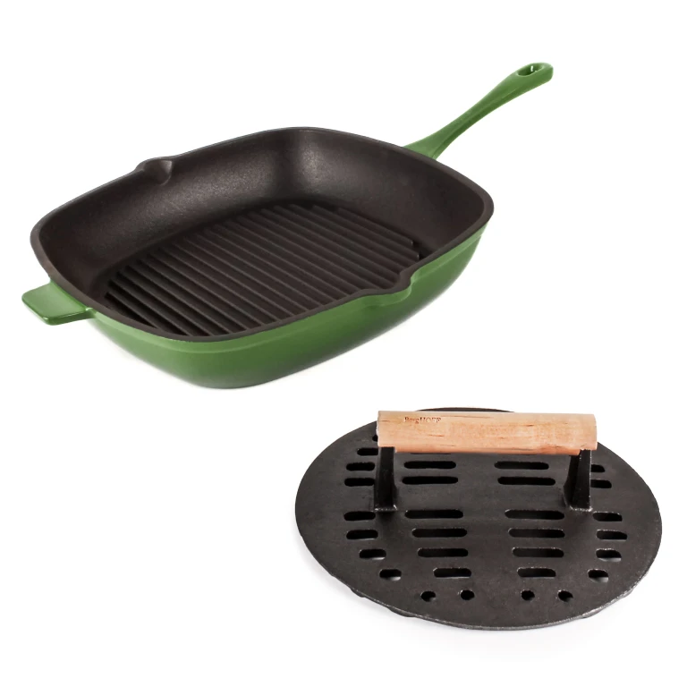 Neo 2pc Cast Iron 11" Grill Pan with Slotted Steak Press, Green