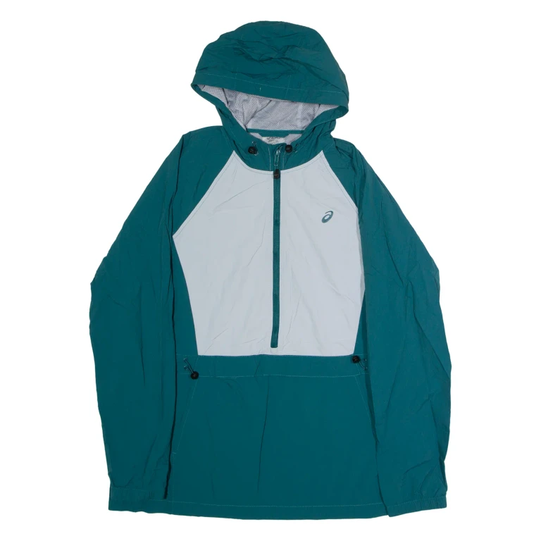 ASICS Mens Anorak Jacket Green Nylon Hooded Colourblock L