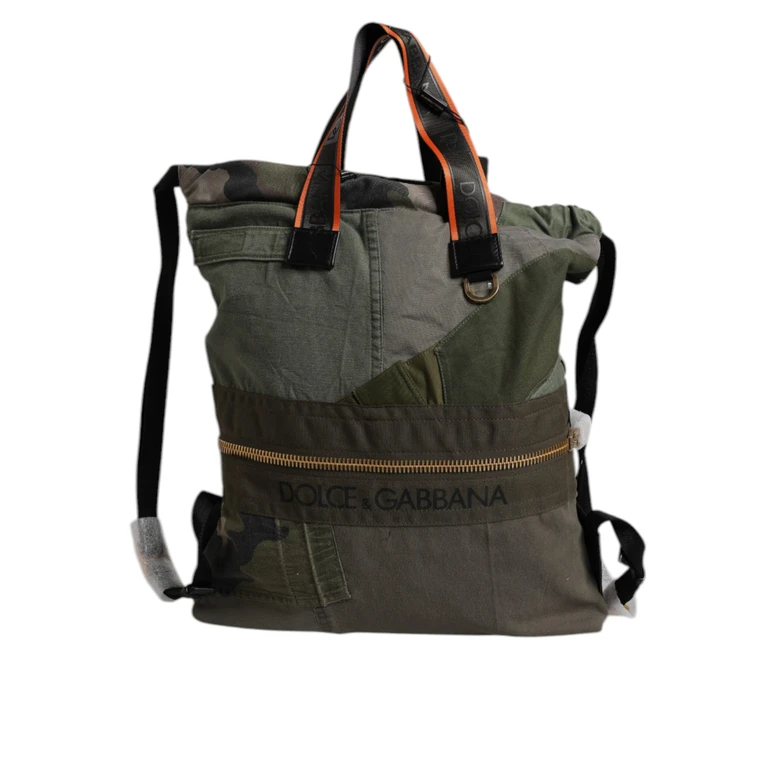 Dolce & Gabbana Military Green Patchwork Rucksack Backpack Bag Cotton Calf Leather Nylon - Men (BAG4401)