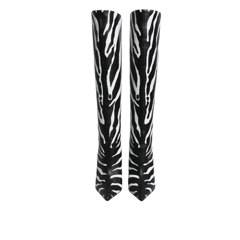 Dolce & Gabbana Black White Zebra Heels High Boots Shoes And Lamb Leather - Women