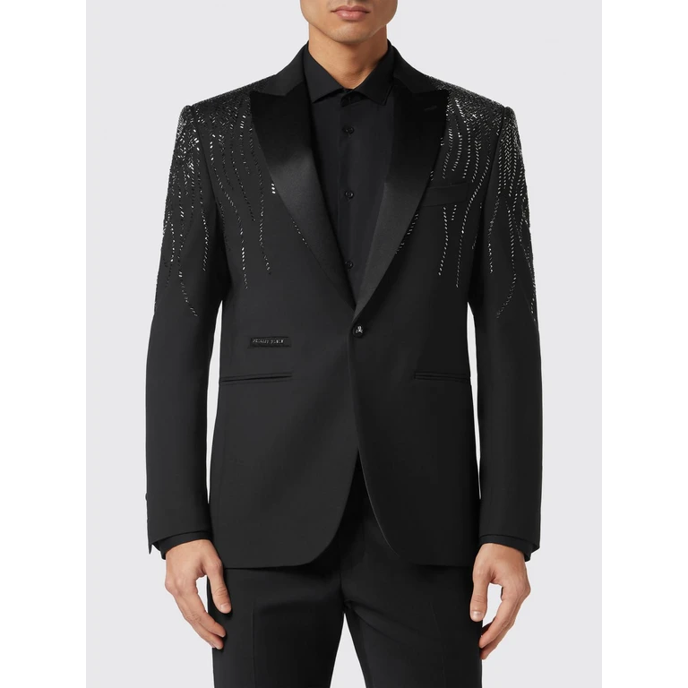 Single-Breasted Crêpe Blazer with Peak Lapels and Rhinestone Embroidery (PADCMRF1809PTE076N02)