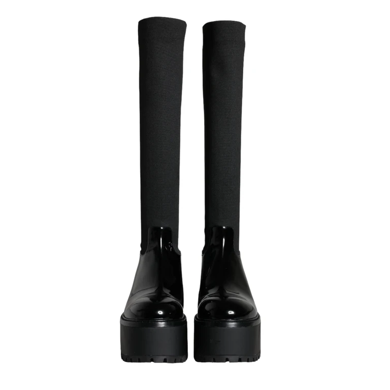 Dolce & Gabbana Black Leather Jersey Knee High Boots Shoes Fabric - Women