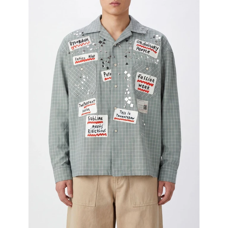 Check Cotton Shirt with Cuban Collar and Asymmetric Hem (A16SH088GRAY)