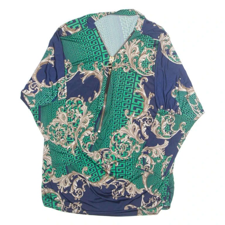 Womens Printed Blouse Green High Neck 3/4 Sleeve Geometric L
