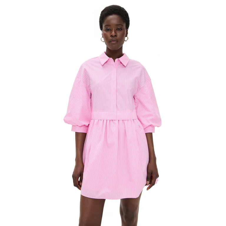 English Factory Stripe Puff Sleeve Shirt Dress Brown Stripe L
