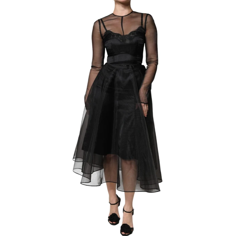 Dolce & Gabbana Black Tulle A-Line Midi Cocktail Gown Dress Nylon Polyester - Women